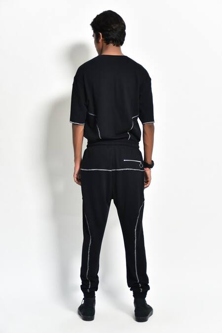 Shop Noughtone Black Cotton Terry Striped Pant at Aza Fashions Shop_Noughtone_Black Cotton Terry Striped Pant _at_Aza_Fashions
