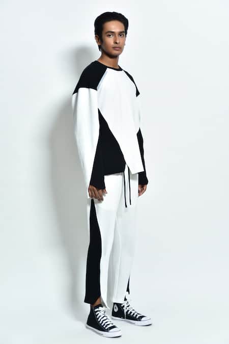 Noughtone_Black Cotton Colorblock Pant _Online_at_Aza_Fashions