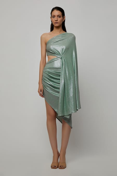 Deme By Gabriella_Grey Lycra Shimmer One Shoulder Dress_Online_at_Aza_Fashions