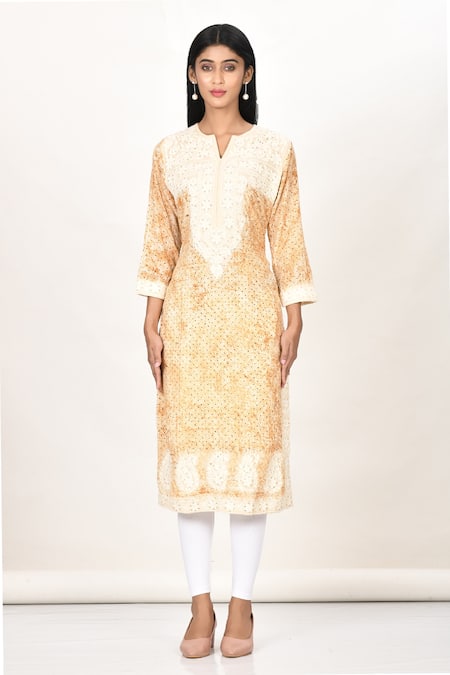 Buy_Khwaab By Sanjana Lakhani_Beige Cotton, Silk Mirrors, Embroidery Round Printed Kashmiri Thread Work Kurta _Online_at_Aza_Fashions