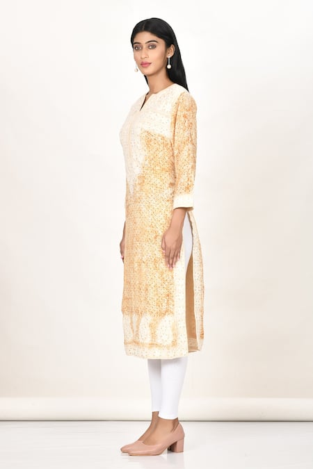 Shop_Khwaab By Sanjana Lakhani_Beige Cotton, Silk Mirrors, Embroidery Round Printed Kashmiri Thread Work Kurta _Online_at_Aza_Fashions