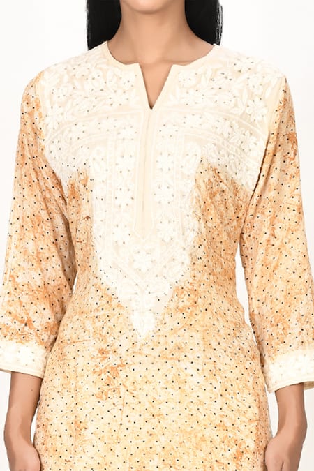 Khwaab By Sanjana Lakhani_Beige Cotton, Silk Mirrors, Embroidery Round Printed Kashmiri Thread Work Kurta _at_Aza_Fashions