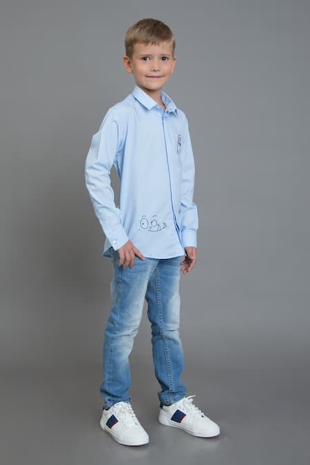 Noonoo_Blue Cotton Embroidery Shirt _Online_at_Aza_Fashions