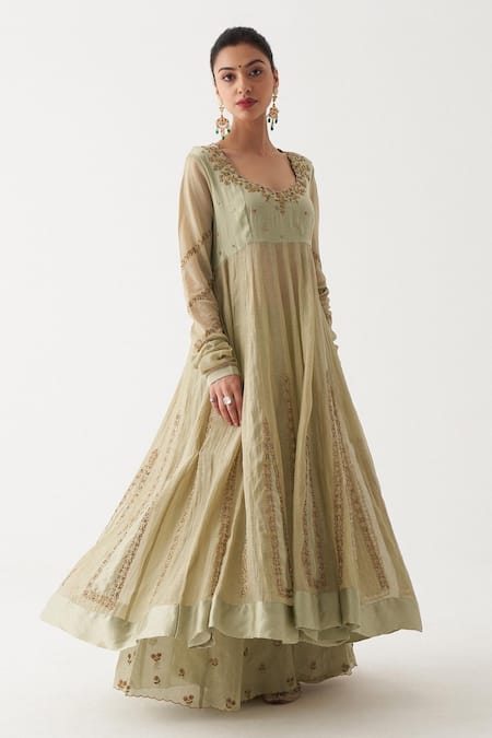 Rhua_Green Dupatta Tissue , Kurta Noor Embroidered Anarkali Set _Online_at_Aza_Fashions