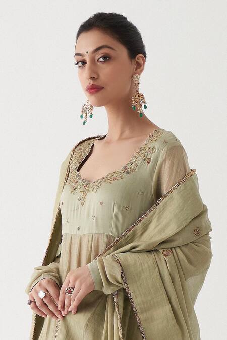 Buy_Rhua_Green Dupatta Tissue , Kurta Noor Embroidered Anarkali Set _Online_at_Aza_Fashions