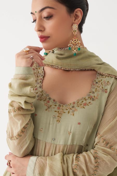 Shop_Rhua_Green Dupatta Tissue , Kurta Noor Embroidered Anarkali Set _Online_at_Aza_Fashions