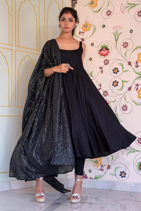 Gulabo Jaipur Black Cotton Rayon Scoop Neck Panelled Anarkali Set 