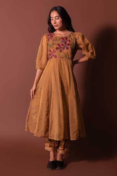 Khamaj India Gold Kurta Chanderi Tissue Embroidery Applique Round Noori Yoke And Pant Set 