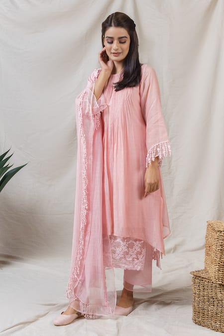 Shop_Naaz By Noor_Pink Cotton, Organza, Silk Chanderi Embroidered Kurta Set _at_Aza_Fashions