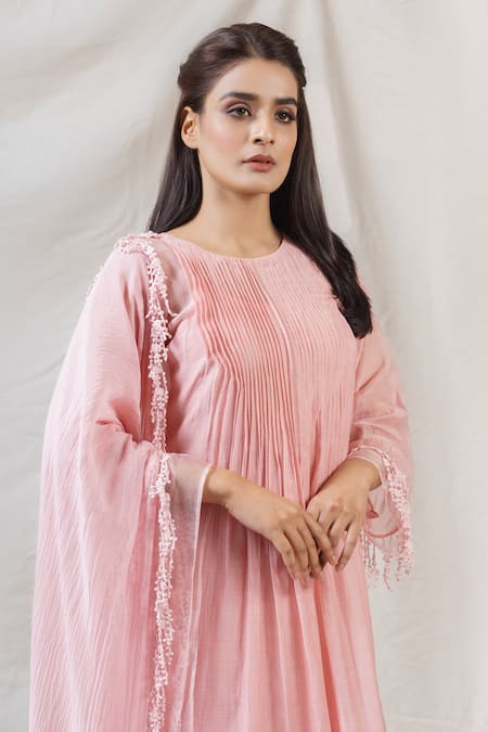 Buy_Naaz By Noor_Pink Cotton, Organza, Silk Chanderi Embroidered Kurta Set _Online_at_Aza_Fashions