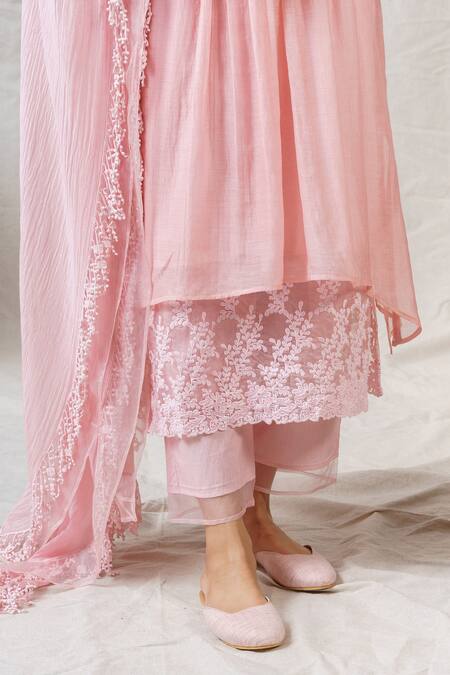 Shop_Naaz By Noor_Pink Cotton, Organza, Silk Chanderi Embroidered Kurta Set _Online_at_Aza_Fashions