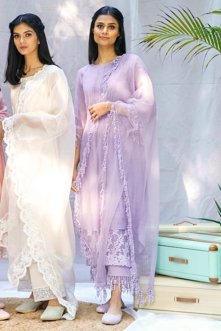 Naaz By Noor_Purple Cotton, Organza, Silk Chanderi Embroidered Kurta Set_Online_at_Aza_Fashions