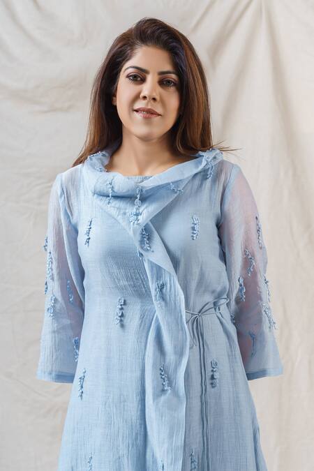 Naaz By Noor_Blue Silk, Cotton, Chanderi Embroidered Kurta And Pant Set_Online_at_Aza_Fashions