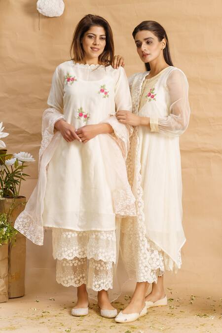 Buy_Naaz By Noor_White Silk, Cotton, Chanderi Embroidered Kurta Set_Online_at_Aza_Fashions