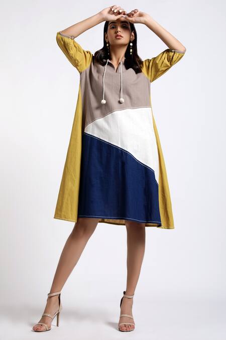 Madder Much_Multi Color Cotton Plain V Neck Norah Colorblock Dress _Online_at_Aza_Fashions