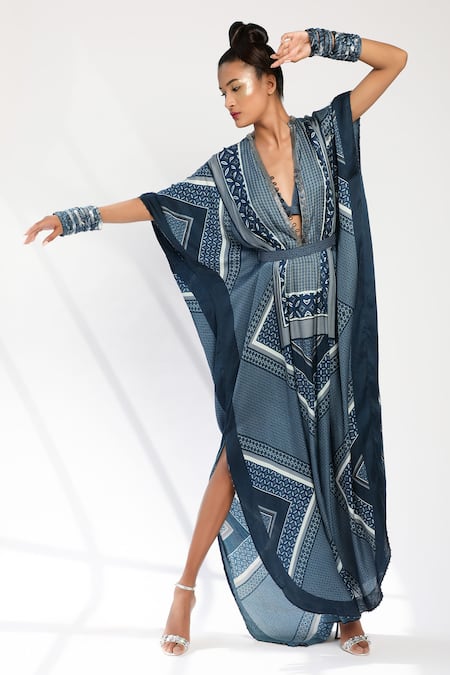Nikita Mhaisalkar Blue Organic Cotton Satin V Neck Tile Print Kaftan With Bralette Online at Aza Fashions Nikita Mhaisalkar_Blue Organic Cotton Satin V Neck Tile Print Kaftan With Bralette_Online_at_Aza_Fashions