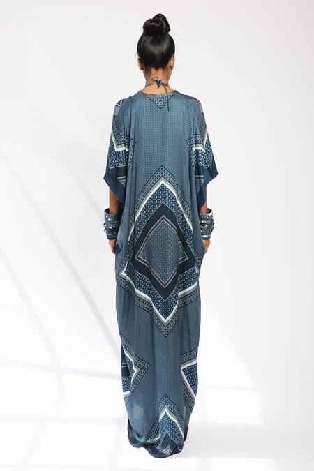 Shop_Nikita Mhaisalkar_Blue Organic Cotton Satin V Neck Tile Print Kaftan With Bralette_at_Aza_Fashions