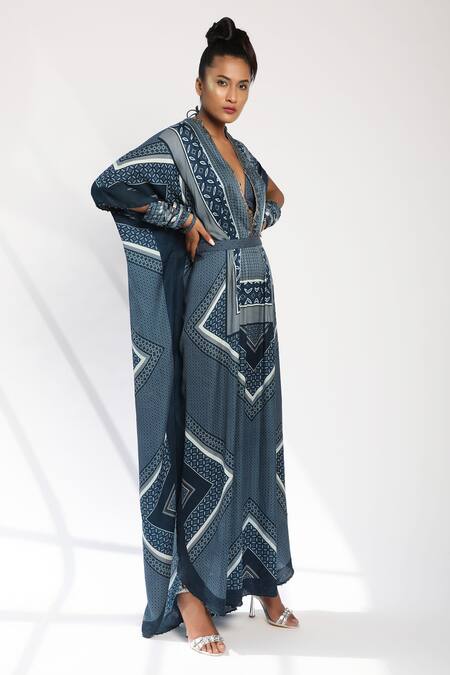 Buy Nikita Mhaisalkar Blue Organic Cotton Satin V Neck Tile Print Kaftan With Bralette Online at Aza Fashions Buy_Nikita Mhaisalkar_Blue Organic Cotton Satin V Neck Tile Print Kaftan With Bralette_Online_at_Aza_Fashions