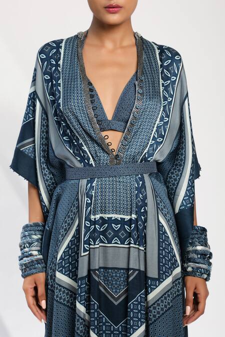 Shop Nikita Mhaisalkar Blue Organic Cotton Satin V Neck Tile Print Kaftan With Bralette Online at Aza Fashions Shop_Nikita Mhaisalkar_Blue Organic Cotton Satin V Neck Tile Print Kaftan With Bralette_Online_at_Aza_Fashions