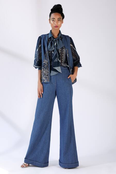 Nikita Mhaisalkar_Blue Silk Organza Collared Neck Tile Print Top_Online_at_Aza_Fashions