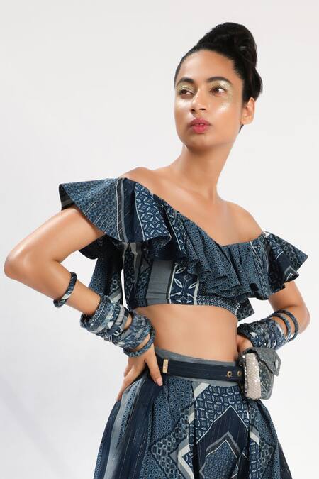 Shop Nikita Mhaisalkar Blue Lurex Georgette V Neck Tile Print Ruffle Top Online at Aza Fashions Shop_Nikita Mhaisalkar_Blue Lurex Georgette V Neck Tile Print Ruffle Top_Online_at_Aza_Fashions