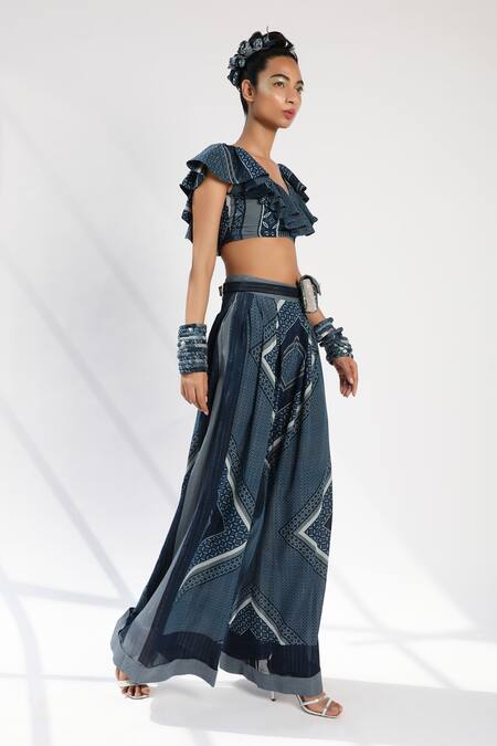 Buy_Nikita Mhaisalkar_Blue Lurex Georgette V Neck Tile Print Ruffle Top_Online_at_Aza_Fashions