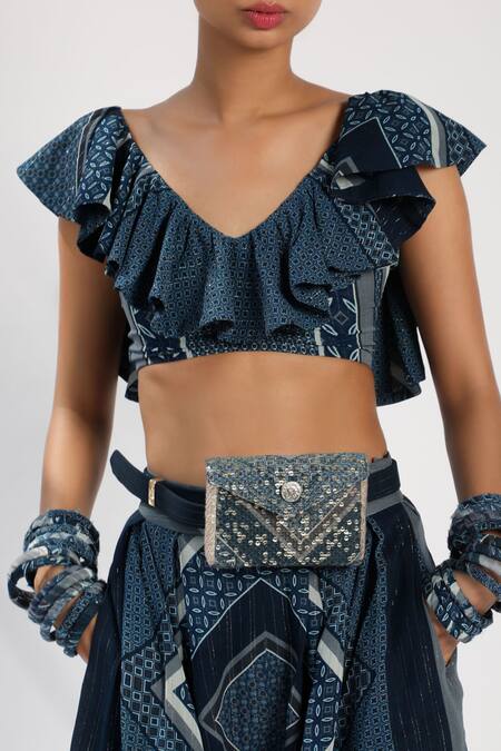 Nikita Mhaisalkar Blue Lurex Georgette V Neck Tile Print Ruffle Top at Aza Fashions Nikita Mhaisalkar_Blue Lurex Georgette V Neck Tile Print Ruffle Top_at_Aza_Fashions