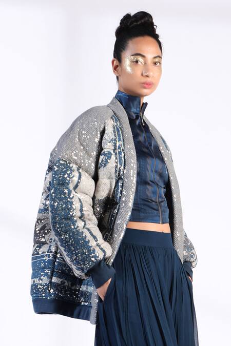 Buy Nikita Mhaisalkar Blue Sheeted Crepe High Neck Collar Printed And Embroidered Jacket Online at Aza Fashions Buy_Nikita Mhaisalkar_Blue Sheeted Crepe High Neck Collar Printed And Embroidered Jacket_Online_at_Aza_Fashions