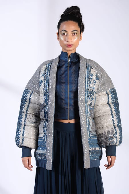 Shop_Nikita Mhaisalkar_Blue Sheeted Crepe High Neck Collar Printed And Embroidered Jacket_Online_at_Aza_Fashions