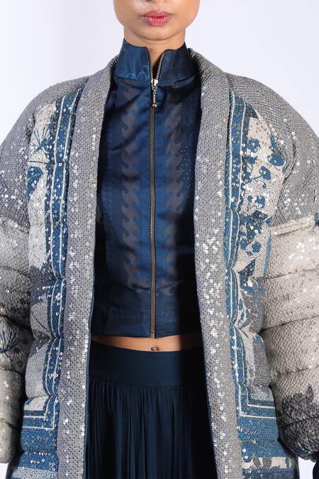 Nikita Mhaisalkar Blue Sheeted Crepe High Neck Collar Printed And Embroidered Jacket at Aza Fashions Nikita Mhaisalkar_Blue Sheeted Crepe High Neck Collar Printed And Embroidered Jacket_at_Aza_Fashions