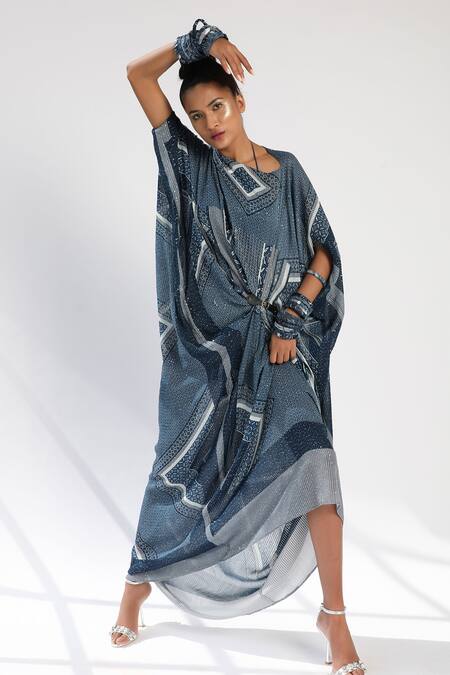 Nikita Mhaisalkar_Blue Sheeted Georgette Asymmetric Tile Print Kaftan_Online_at_Aza_Fashions