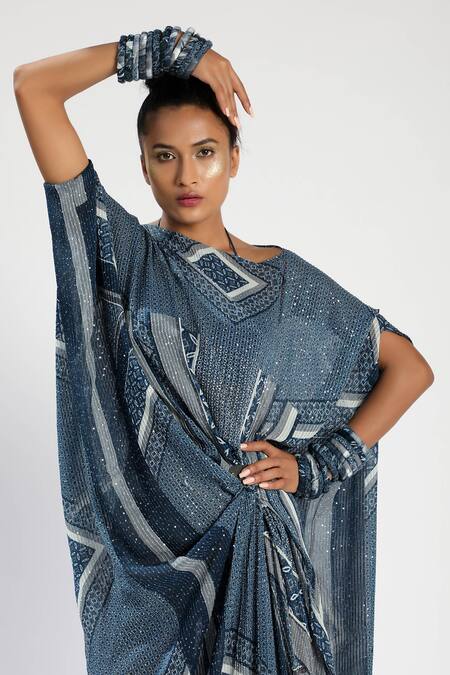 Buy_Nikita Mhaisalkar_Blue Sheeted Georgette Asymmetric Tile Print Kaftan_Online_at_Aza_Fashions