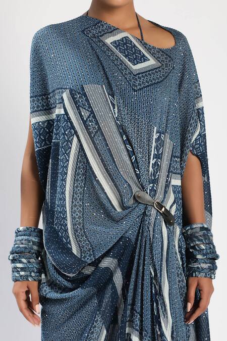 Shop_Nikita Mhaisalkar_Blue Sheeted Georgette Asymmetric Tile Print Kaftan_Online_at_Aza_Fashions