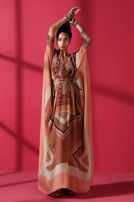 Nikita Mhaisalkar_Brown Crepe V Neck Tile Print Kaftan With Belt_Online_at_Aza_Fashions