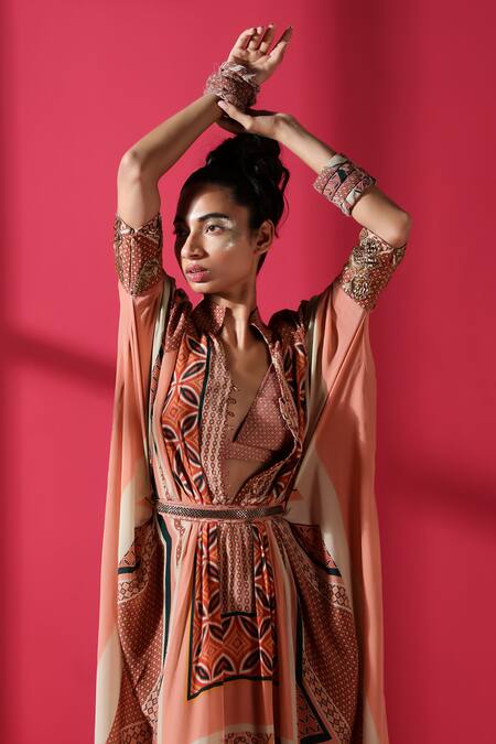 Buy_Nikita Mhaisalkar_Brown Crepe V Neck Tile Print Kaftan With Belt_Online_at_Aza_Fashions