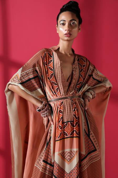 Shop_Nikita Mhaisalkar_Brown Crepe V Neck Tile Print Kaftan With Belt_Online_at_Aza_Fashions