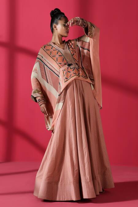 Nikita Mhaisalkar_Brown Blouse Lurex Georgette Lehenga Handloom Chanderi V Neck Printed And Set _Online_at_Aza_Fashions