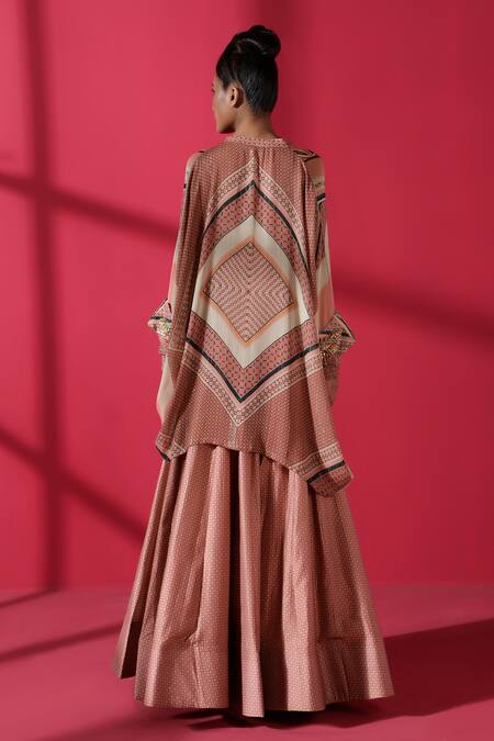 Shop_Nikita Mhaisalkar_Brown Blouse Lurex Georgette Lehenga Handloom Chanderi V Neck Printed And Set _at_Aza_Fashions