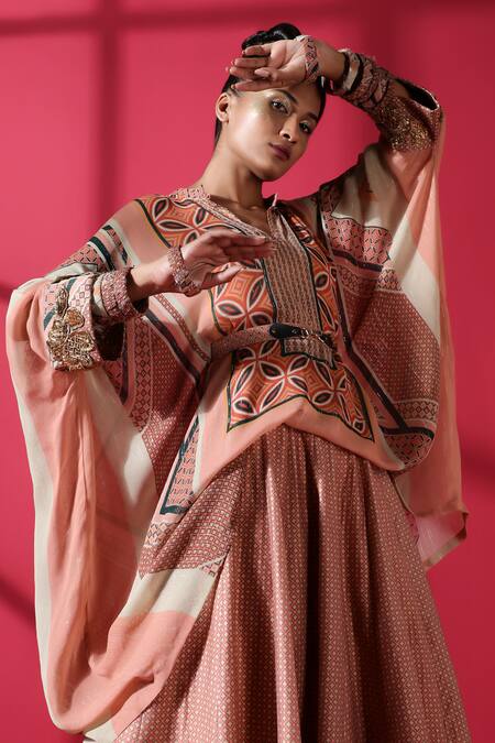 Buy_Nikita Mhaisalkar_Brown Blouse Lurex Georgette Lehenga Handloom Chanderi V Neck Printed And Set _Online_at_Aza_Fashions