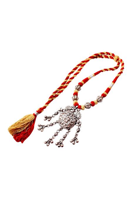 Noor_Silver Plated Oxidized Floral And Ghungroo Thread Pendant_Online_at_Aza_Fashions
