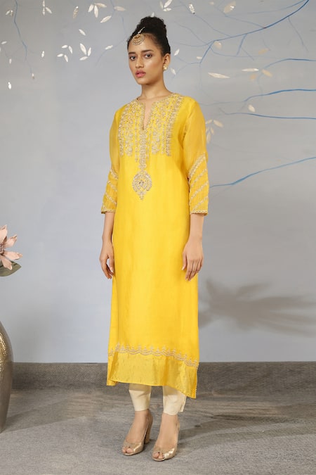 Neha Poddar Yellow Kurta Organza Pant Silk Round Embroidered And Set