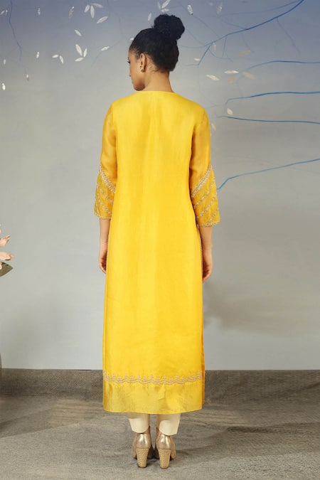 Shop Neha Poddar Yellow Kurta Organza Pant Silk Round Embroidered And Set at Aza Fashions Shop_Neha Poddar_Yellow Kurta Organza Pant Silk Round Embroidered And Set _at_Aza_Fashions