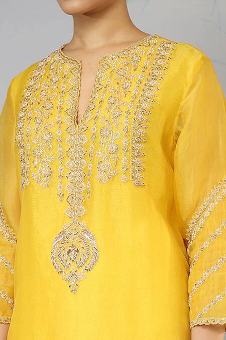 Buy Neha Poddar Yellow Kurta Organza Pant Silk Round Embroidered And Set Online at Aza Fashions Buy_Neha Poddar_Yellow Kurta Organza Pant Silk Round Embroidered And Set _Online_at_Aza_Fashions