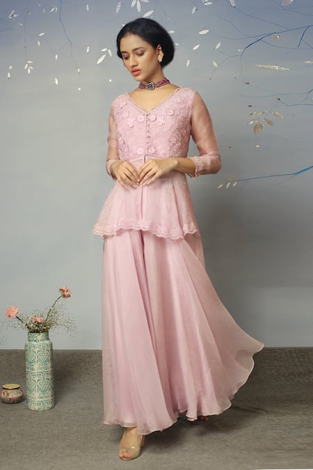 Neha Poddar Purple Crop Top Taffeta Sharara Organza V Neck Peplum And Set Online at Aza Fashions Neha Poddar_Purple Crop Top Taffeta Sharara Organza V Neck Peplum And Set_Online_at_Aza_Fashions