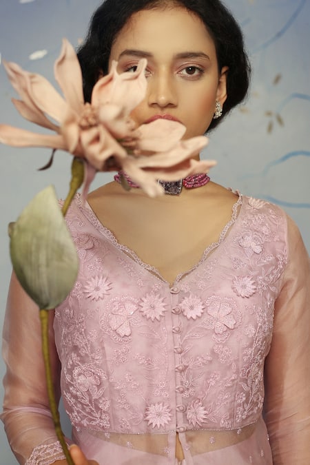 Shop Neha Poddar Purple Crop Top Taffeta Sharara Organza V Neck Peplum And Set Online at Aza Fashions Shop_Neha Poddar_Purple Crop Top Taffeta Sharara Organza V Neck Peplum And Set_Online_at_Aza_Fashions