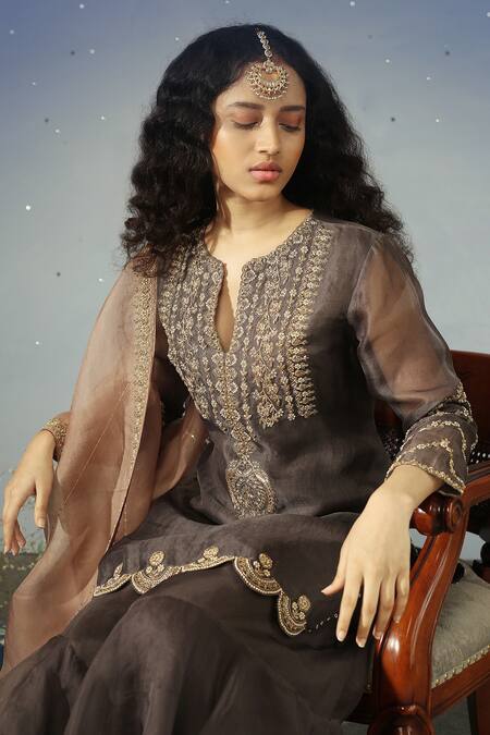 Neha Poddar_Grey Organza Round Kurta Sharara Set_Online_at_Aza_Fashions