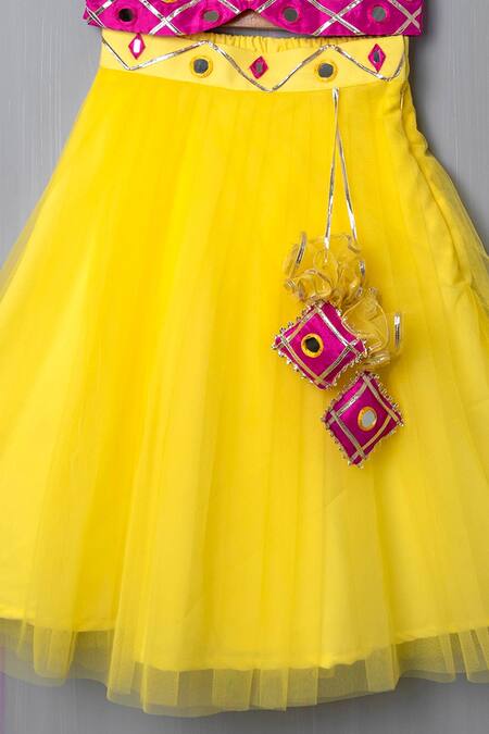 Shop_Nadaan Parindey_Yellow Silk, Net, Cotton Mirrors Embroidered Lehenga Set _Online_at_Aza_Fashions