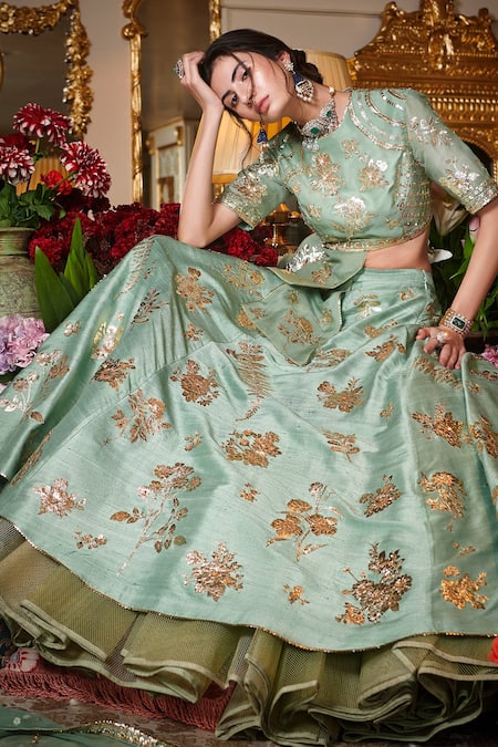 Sahil Kochhar Green Raw Silk, Organza, Soft Net Floral Round Embroidered Lehenga Set Online at Aza Fashions Sahil Kochhar_Green Raw Silk, Organza, Soft Net Floral Round Embroidered Lehenga Set _Online_at_Aza_Fashions