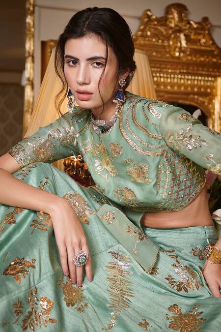 Shop Sahil Kochhar Green Raw Silk, Organza, Soft Net Floral Round Embroidered Lehenga Set Online at Aza Fashions Shop_Sahil Kochhar_Green Raw Silk, Organza, Soft Net Floral Round Embroidered Lehenga Set _Online_at_Aza_Fashions