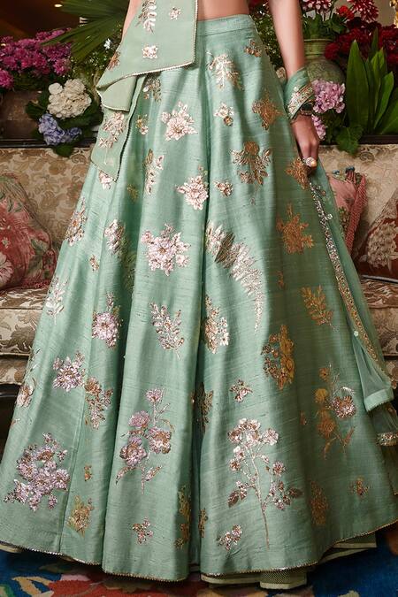 Sahil Kochhar Green Raw Silk, Organza, Soft Net Floral Round Embroidered Lehenga Set at Aza Fashions Sahil Kochhar_Green Raw Silk, Organza, Soft Net Floral Round Embroidered Lehenga Set _at_Aza_Fashions
